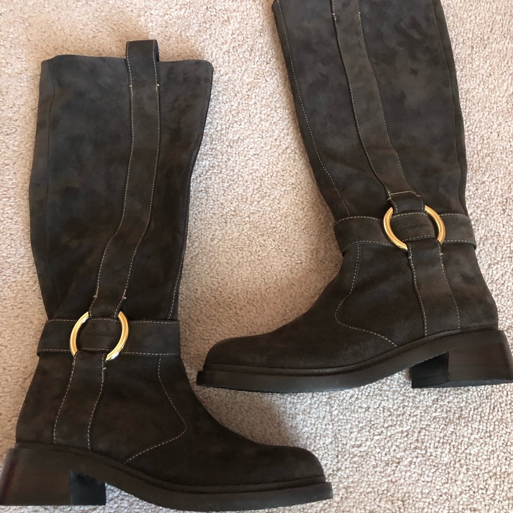 See By Chloé Dark Gray Suede Over-the-Knee Boots with Gold Ring 39/8